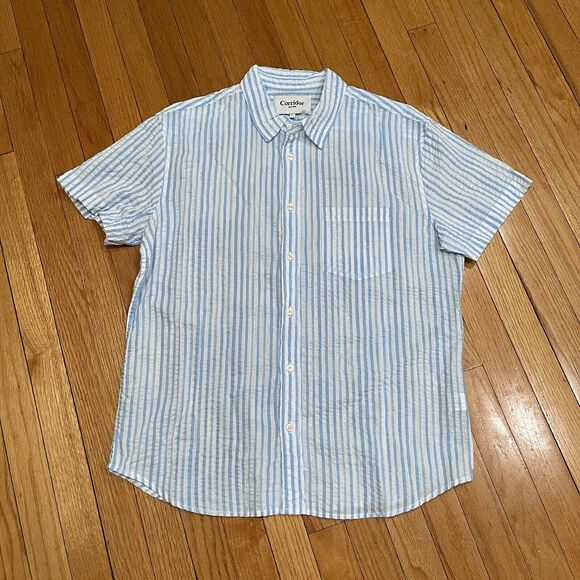 Huckberry Corridor New York Striped Seersucker Shirt Size Large L Short Sleeve - Picture 9 of 10